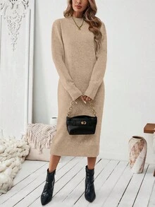 EMERY ROSE Women's Coffee Brown Straight Simple Knit Sweater Dress - Khaki - View 4