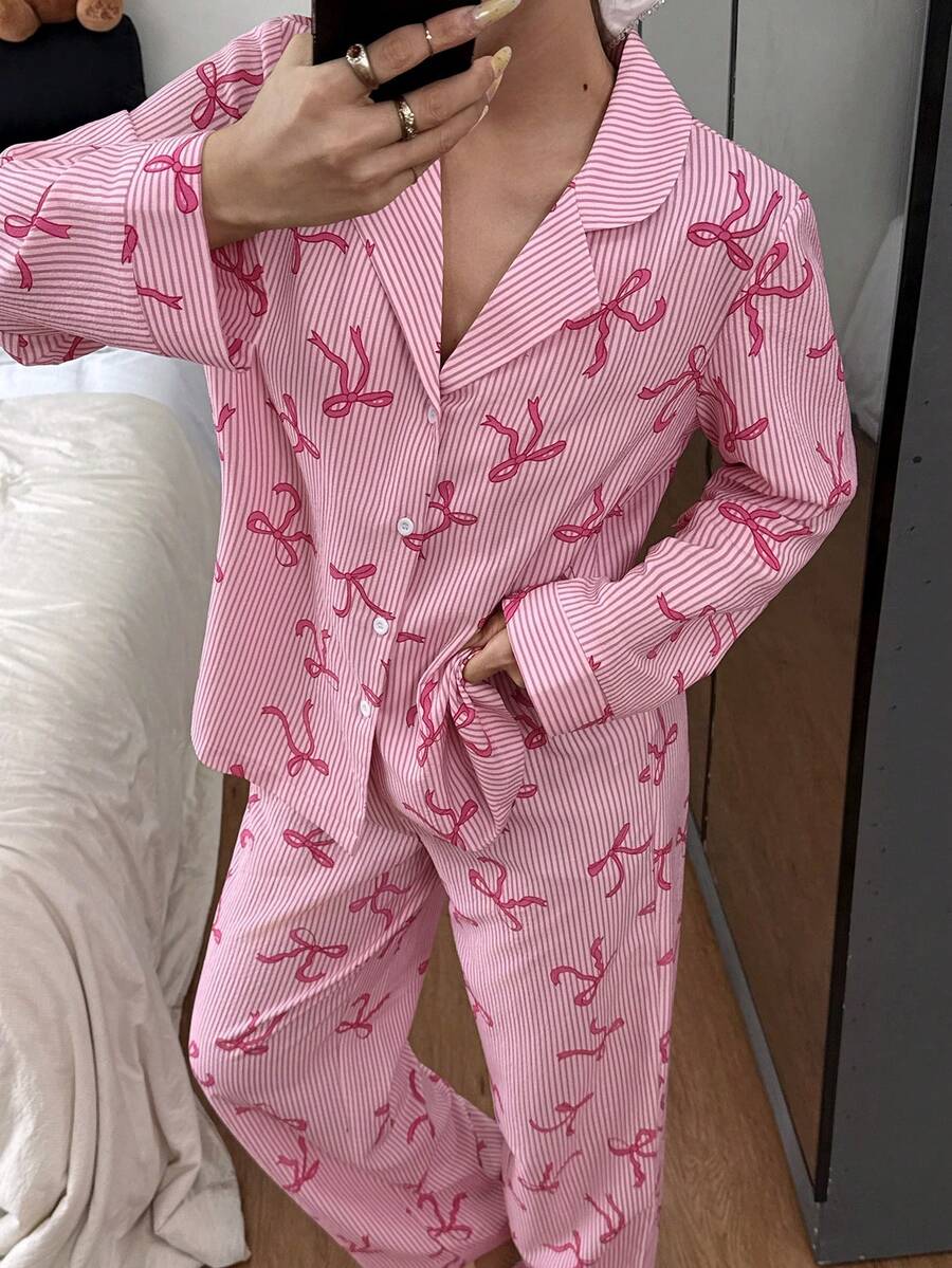 SHEIN 女士领结条纹印花长袖睡衣套装 - 彩色 - 查看 1