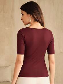 Anewsta New Fashionable Seamless Fitted Rhinestone Embellished Crew Neck T-Shirt - Burgundy - View 7