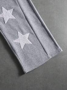 PAVTROS 男士休闲时尚街头风连帽卫衣，带字母刺绣、袋鼠口袋和保暖内衬，搭配星形图案抽绳阔腿运动裤套装，秋冬款 - 灰色 - 查看 5