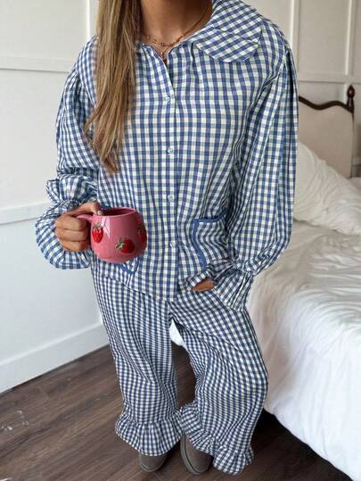 CovetEZ 2pcs Blue & White Plaid Woven Casual Homewear Set For Women Gingham Set Shirt And Pants Set Lounge Wear Pajama Set