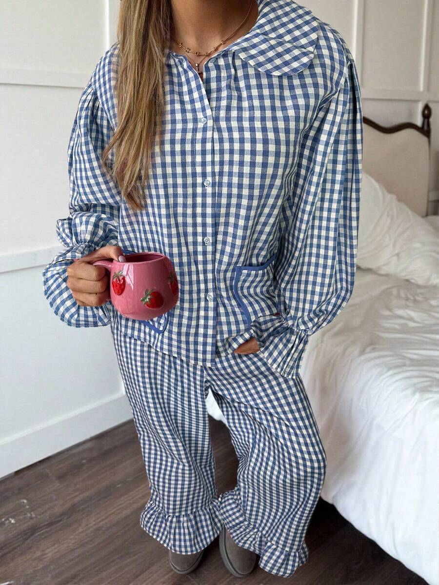 CovetEZ 女士蓝白格子编织休闲家居服两件套 - 藍色 - 查看 1