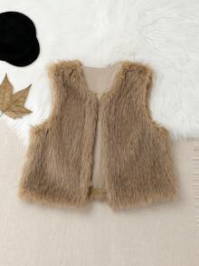 SHEIN PETITE CURVE 大码女式纯色开襟蓬松背心外套，冬季必备 - 駝色 - 查看 1