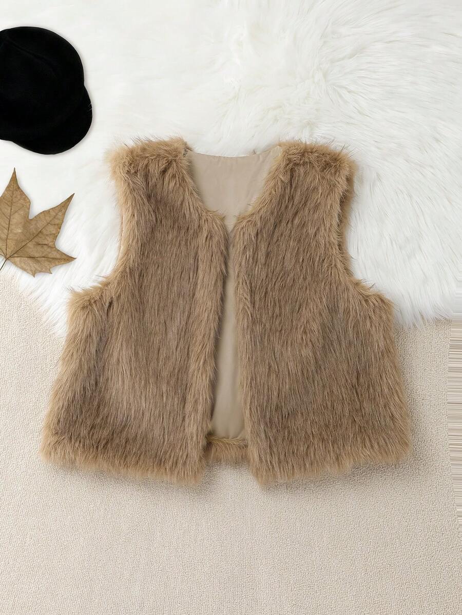SHEIN PETITE CURVE 大码女式纯色开襟蓬松背心外套,冬季必备 - 駝色 - 查看 1
