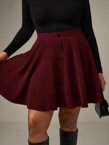 SHEIN Tall CURVE 大码纯色前扣简约A字裙，休闲日常穿着 - 酒紅色 - 查看 4