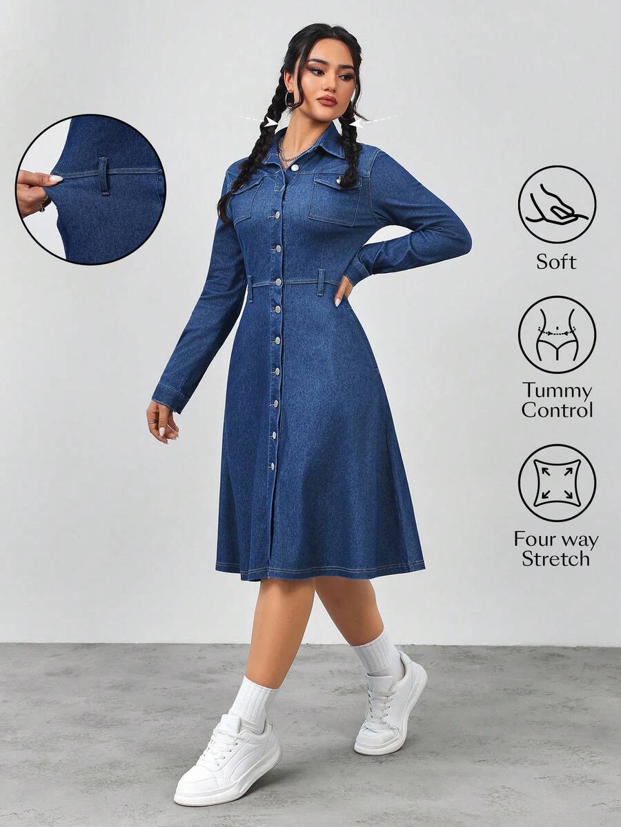 Flexra Women's Casual Washed Front Button Denim Dress - Khaki - View 1