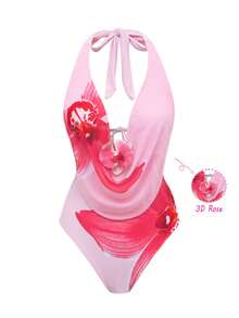 Swim Oasis 2件套 女士甜美优雅印花连体上衣 + 3D立体花卉装饰 + 垂褶裙，春夏款 - 粉色 - 查看 3