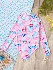 SHEIN Girls' Casual Minimalist Round Neck Long Sleeve One-Piece Swimsuit, Neon Heart Print, Suitable For Summer - Pink - View 8