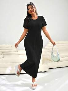 Solflare Plus Size Casual Solid Color Side Slit Loose Dress, Spring,Graduation Dress - Black - View 7