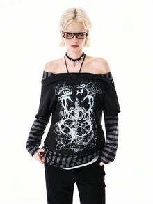 Bloopia Women's Knitted Long Sleeve Striped Patchwork Off Shoulder Sweatshirt, Fashionable And Versatile - Black - View 5