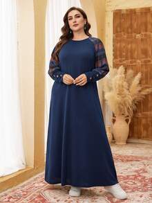 Lacomfia Plus Size Women Casual Knit Textured Round Neck Long Sleeve Patchwork Loose Fit Pullover Dress, Autumn/Winter - Multicolor - View 6