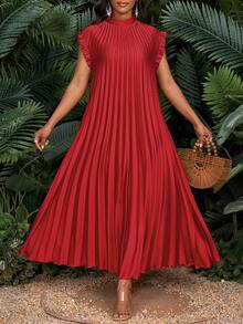 SHEIN Lady Große Größen Elegantes Partykleid in A-Linie für Hochzeit, Cocktailparty, Boho-Strand, mit Stehkragen, für Damen, geeignet für Frühling, Sommer, Herbst und Winter - Rot - Übersicht 1