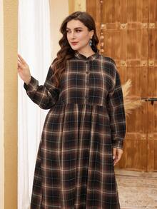 Lacomfia Irregular Random Floral Plaid Classic Fashion Elegant Minimalist Loose Comfortable Everyday Versatile Slimming New Dropped Shoulder Sleeve Button Decor Plus Size Women Dress