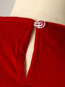 SHEIN Girls' Holiday Burgundy Patchwork Bow Decor Dress - Burgundy - View 4