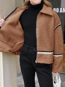 SHEIN 少女休闲街头风时尚拉链外套，仿皮领，撞色缎带饰边，宽松泰迪绒面料，秋冬款 - 棕色 - 查看 13