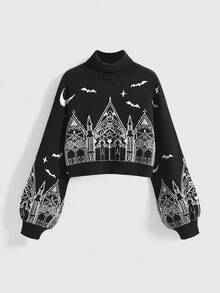ROMWE Goth 大码女式哥特式圣诞城堡十字架图案高领撞色套头毛衣 - 黑與白 - 查看 1