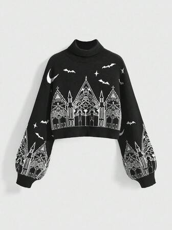 Tenue gothique de Noël Motif château et croix Pullover col roulé bicolore grande taille pour femmes