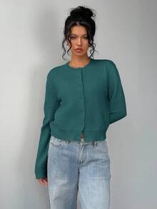 SHEIN BASICS 女士休闲纯色圆领长袖宽松短款黑色开衫，秋冬季校园上衣 - 墨綠色 - 查看 3