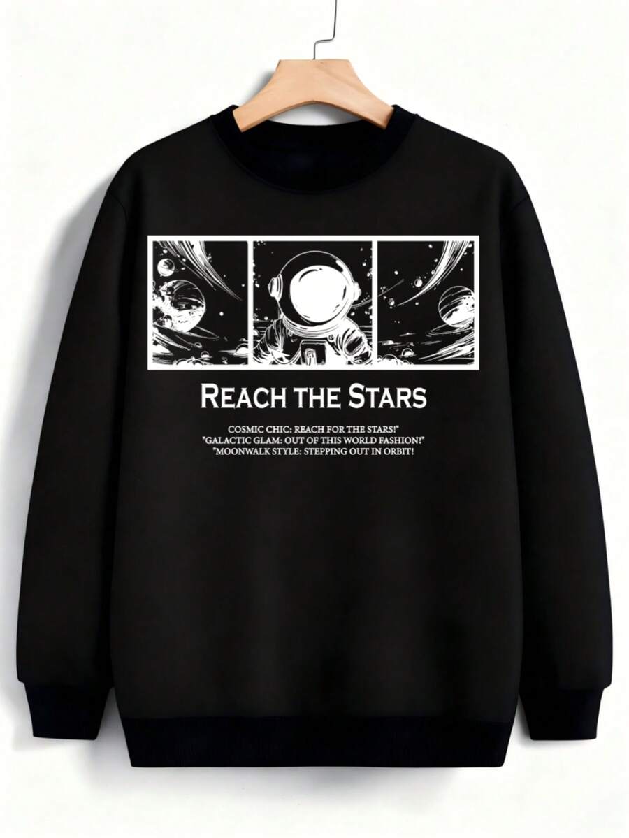 Hombre004 Sudadera de cuello redondo de moda Parte superior de ropa para casa, cómoda y abrigada cálida para otoño e invierno, con envío local desde México Camiseta con diseño cósmico que invita a alcanzar las estrellas, estilo atemporal y atractivo para cualquier ocasión - Negro - Ver 1