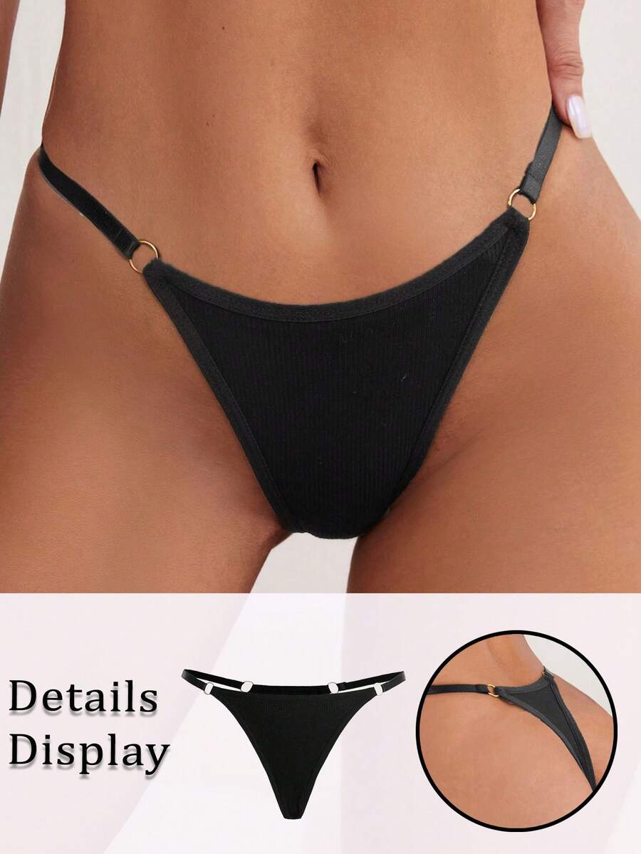 Women's Black Plain Thong Panties With Ring Detail Medium Stretch Casual Underwear - Black - View 1