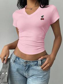 SHEIN BASICS Women's Casual V-Neck Ruched Short Sleeve Fitted T-Shirt, Suitable For Autumn/Summer,Graphic Tees - Baby Pink - View 5
