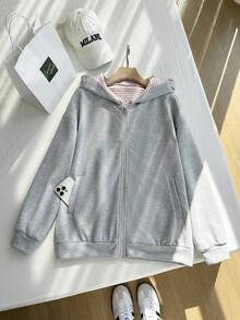 SHEIN 女士落肩长袖拉链休闲连帽衫 - 灰色 - 查看 6