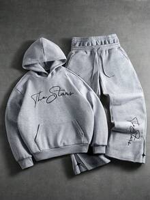 PAVTROS Men's Casual Fashion Street Hooded Sweatshirt With Embroidered Letter Kangaroo Pocket & Thermal Lined, Paired With Drawstring Waist Wide Leg Sweatpants Set, Suitable For Autumn/Winter Hoodie And Sweatpants Set Designer Sweatsuit Mens Jogger Set Mens Sweatsuit Set, - Grey - View 3