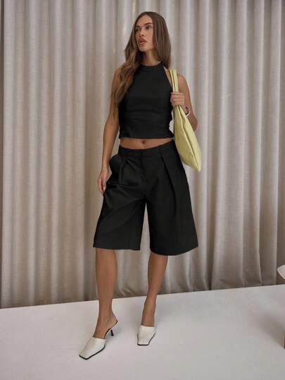 MUSERA Pleated Straight Fit Tailored Longline Shorts Only Classy Sexy Streetwear Night Out   Party Elegant Valentines Spring