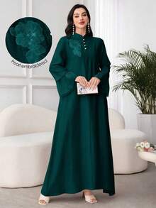 Al Najma 女式宽松长袖连衣裙，带贴花边、立领和网眼拼布 - 墨綠色 - 查看 8
