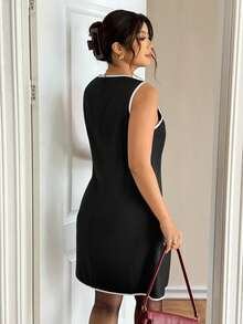 Lounesse Plus Size Elegant Black And White Summer Dress,Fitted Sleeveless Crew Neck Bowknot Side Slit Sundress For Women,Date Night Casual Spring Outfit - Black and White - View 2