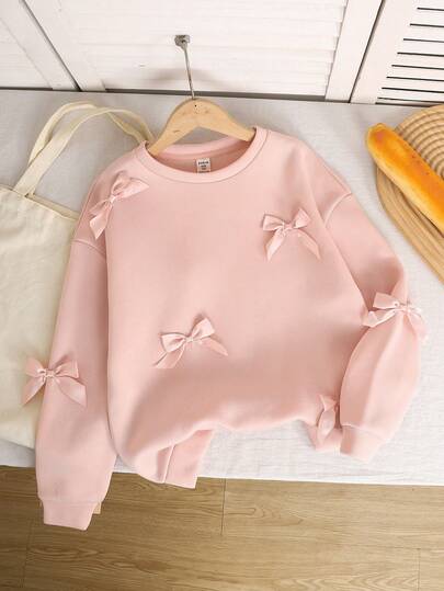 Tween Girls' All-Match Versatile Casual Crew Neck Loose Solid Color Bow Decor Sweatshirt, Autumn/Winter, Bow Tops For Girls, Bow Knit Pink Sweater