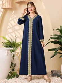 SHEIN 少女蓝色纯色V领金色贴花缎带长裙，度假装，春夏休闲连衣裙，春秋女童连衣裙，日常穿着，阿拉伯长袍，优雅 - 藏蓝色 - 查看 4