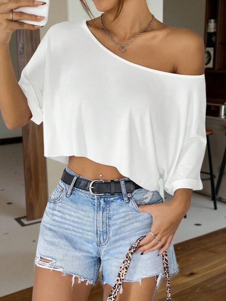 SHEIN EZwear White Knitted Loose One Shoulder Batwing Sleeve Women's T-Shirt - White - View 5