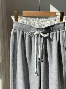 Comfortcana 女士休闲日常通勤撞色蕾丝纸袋腰宽松阔腿运动裤 - 灰色 - 查看 4