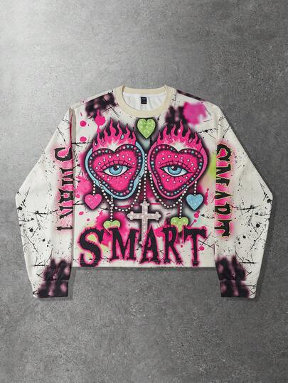 Street Life Men's Retro Graphic Print Loose Cropped Long Sleeve T-Shirt