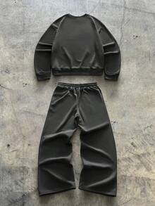 AXEPEAK 男士圆领条纹拼接卫衣，带抽绳腰袋，休闲时尚套装，秋冬款 - 深灰色 - 查看 2