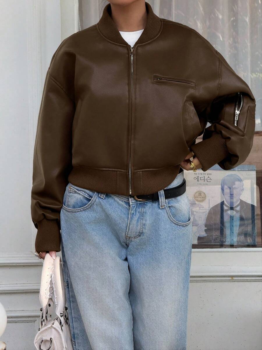 Muchica Damska kurtka casualowa na co dzień, w jednolitym kolorze, z kieszeniami na zamek, jesienna - Kawowy brązowy - Zobacz 1