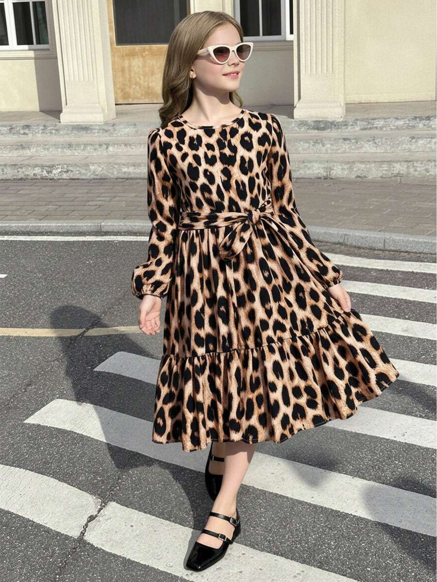 SHEIN 女孩豹紋印花繫腰帶連衣裙 - 彩色 - 查看 1