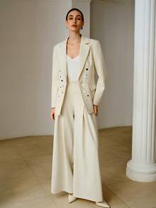 ZEYLAH Metal Buckle Decor Pleated Wide Leg Pants, Spring/Summer - Beige - View 6