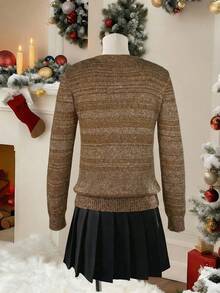Franclia Suéter de punto de cuello redondo de manga larga con estampado de ciervos para mujer, suéter elegante francés de otoño/invierno con lentejuelas brillantes, top de punto casual para mujer, capa base elástica y ajustada, para Navidad, Oktoberfest, festivales de música - Marrón - Ver 2