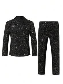2pcs Black Suit Set: Long Sleeve Jacket + Trousers, Shiny Minimalist Casual Outfit, Suitable For Piano/Violin Performances, Weddings, Graduations, Formal Occasions, Gentleman's Attire, Birthday Parties, Evening Events, Performances, Receptions, Wedding Season, Halloween, Christmas, Autumn/Winter Gifts, Valentine's Day Boy's Party Suit, Black Suit Set Teenage Boys Suit Set Suits For Boys Black Black 2 Piece Set For Boys Black Suit For Boys Boy Tuxedo Black - Black - View 2
