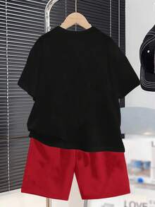 青少年男孩夏季休闲日常人像图案圆领短袖T恤和短裤套装 - 彩色 - 查看 2
