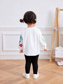 嬰兒女孩休閒可愛塗鴉印花長袖上衣和彈性腰褲套裝 - 黑與白 - 查看 2