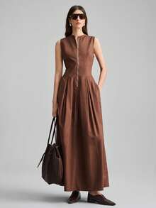 Ontre 2025秋季新品，适合海滩度假、夜店装扮、教师制服、乡村音乐节、街头风、夏季简约纯色半拉链收腰连衣裙、商务休闲女装、复古圣诞装、秋冬新年服饰 - 棕色 - 查看 4