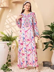 SHEIN 少女休闲度假碎花V领长袖连衣裙 - 彩色 - 查看 7