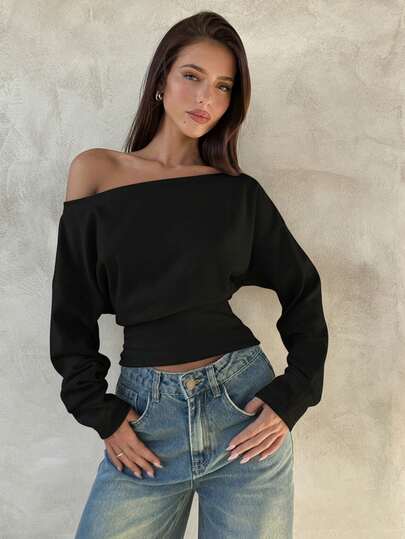 Aloruh Top de manga larga asimétrico de hombro de punto de color albaricoque para mujer, otoño/invierno