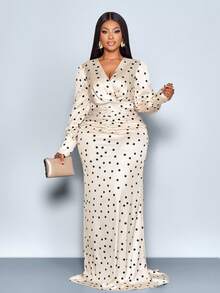 SOLERSUN 大码女装秋冬时尚优雅性感长袖V领连衣裙，收腰鱼尾设计，黑白波点缎面材质，长款连衣裙，优雅女士连衣裙，派对礼服，正式礼服，白色连衣裙，奢华晚礼服，圣诞节礼服 - 杏色 - 查看 4