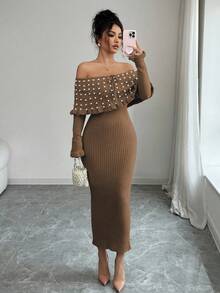 Rafferiza 女士纯色蝴蝶结长袖弹力修身露肩针织连衣裙，法式优雅仿珍珠装饰露肩大翻领针织连衣裙，秋冬针织长裙，返校季针织连衣裙，音乐节，圣诞节，仙女装，秋季婚礼宾客礼服 - 咖啡棕 - 查看 3