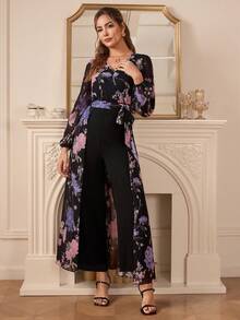 Amorya 女士V领长袖收腰灯笼袖印花针织弹力直筒裤，优雅日常连体裤，秋冬款 - 彩色 - 查看 4