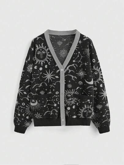 Goth Mysterious Star & Moon Jacquard Knit Loose Cardigan For Plus Size Women, Grey